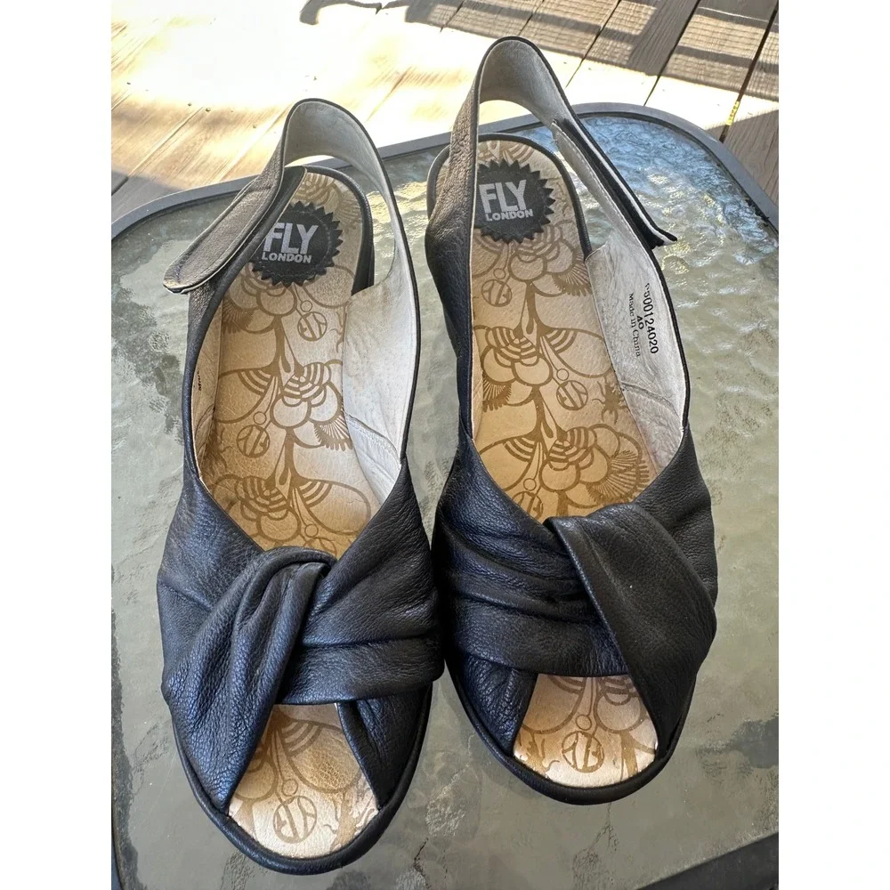 Fly London Yala Black Leather Wedge Slingback Peep Toe Sandal Women 40 or US 9.5